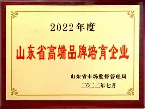 山東省高端品牌培育企業證書